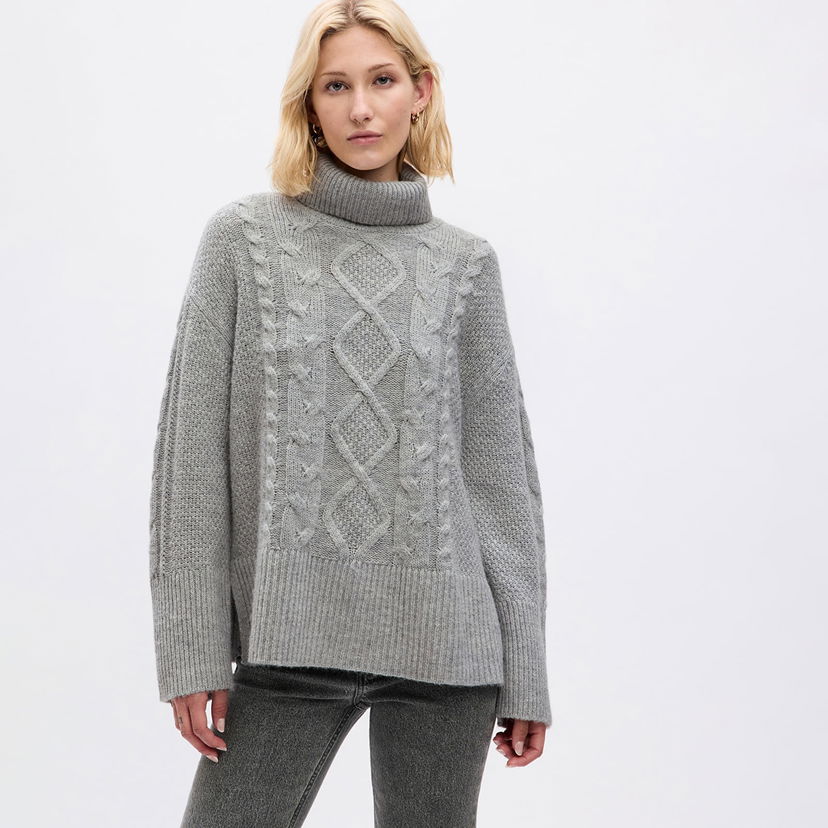 Džemper GAP Sweater Tneck Cable Light Grey Heather XXS Siva | 815134-00
