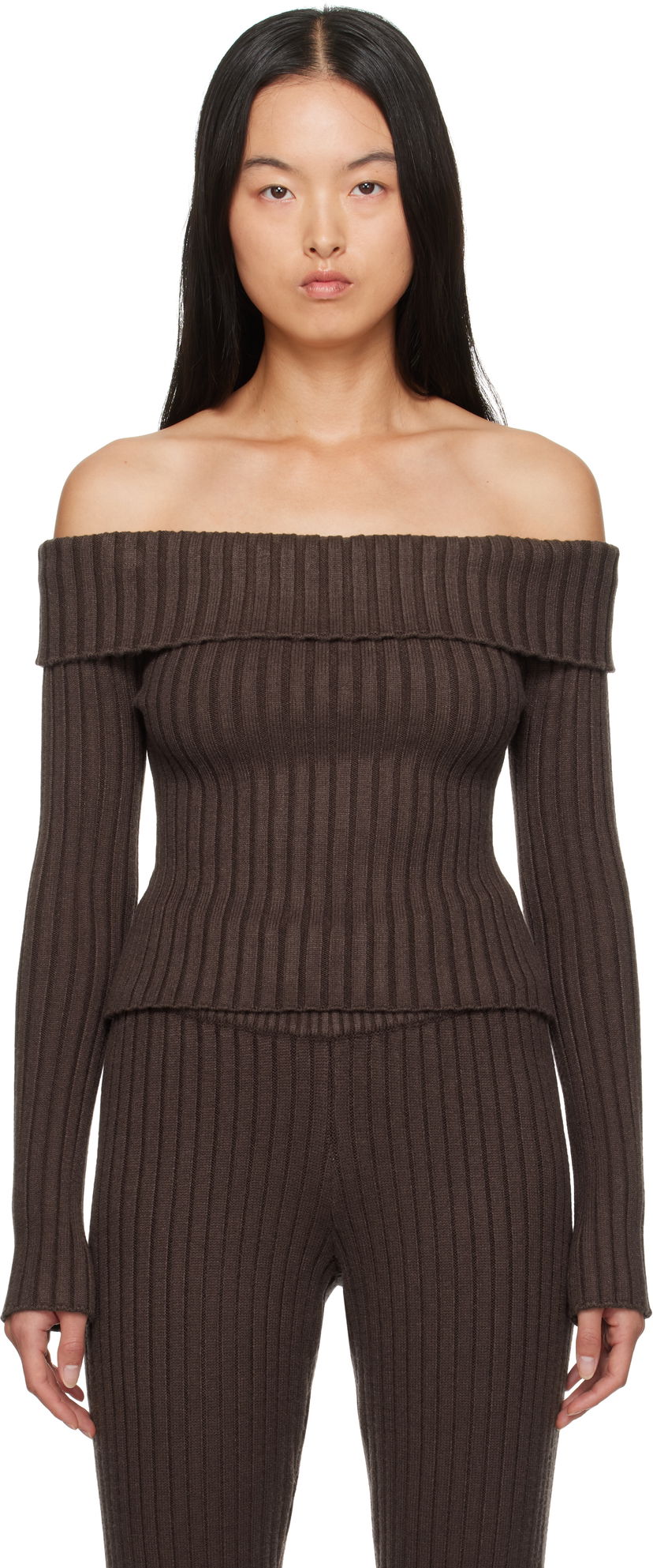 Džemper GUIZIO Guizio Thalia Off Shoulder Ribbed Knit Sweater Smeđa | F24108S045
