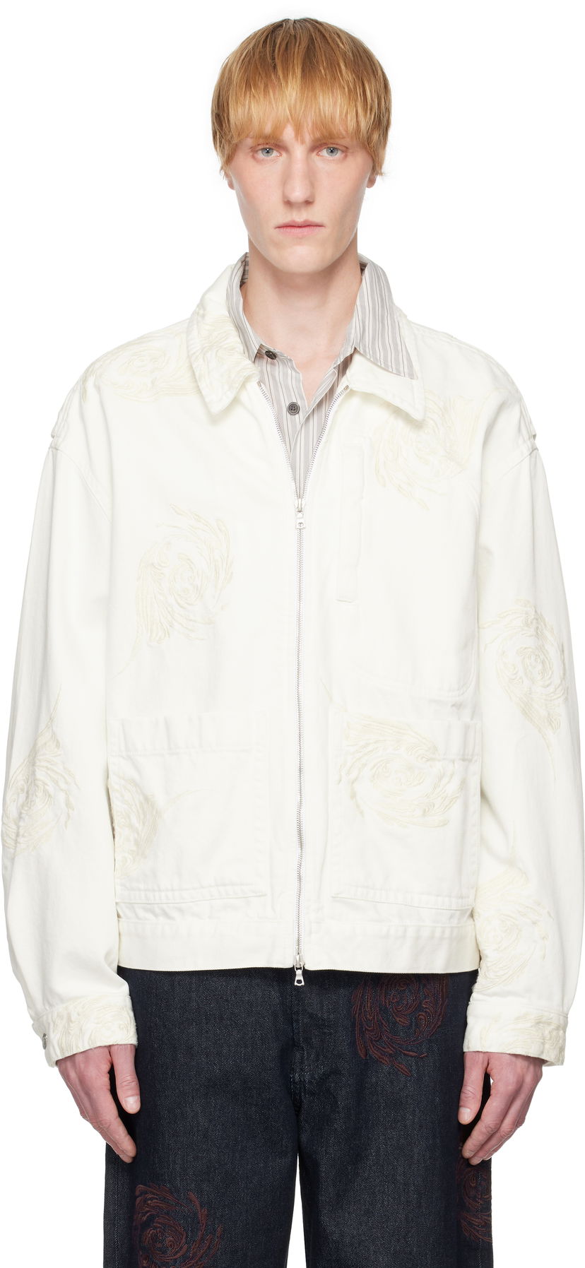 Jakna Dries Van Noten Dries Van Noten Embroidered Pattern Denim Jacket Bijela | 251-080505-1555