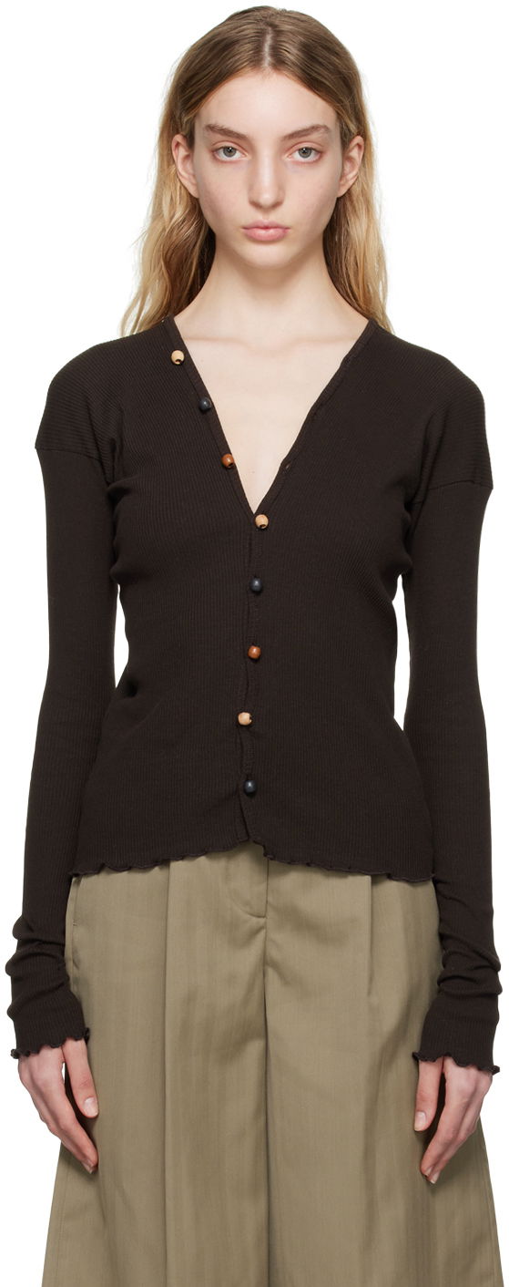 Džemper Baserange Tav Ribbed V-Neck Cardigan with Beaded Buttons Smeđa | TOTVC-RC-SP23