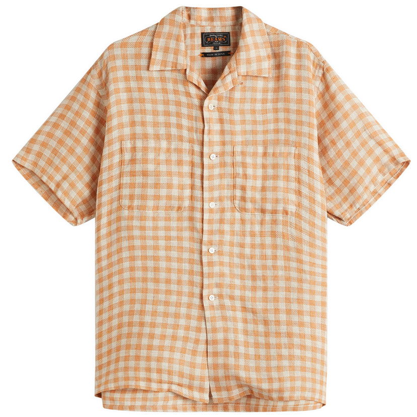 Košulja BEAMS Beams Plus Open Collar Panama Plaid Linen Shirt, Size Large Narančasta | 3801-0179-139-45
