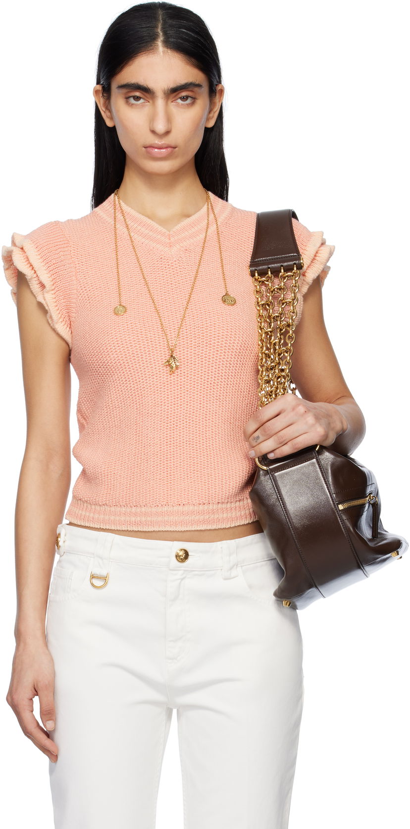 Džemper CHLOÉ Chloé Knit Ruffle-Sleeve Sweater Ružičasta | CH25SMP03630
