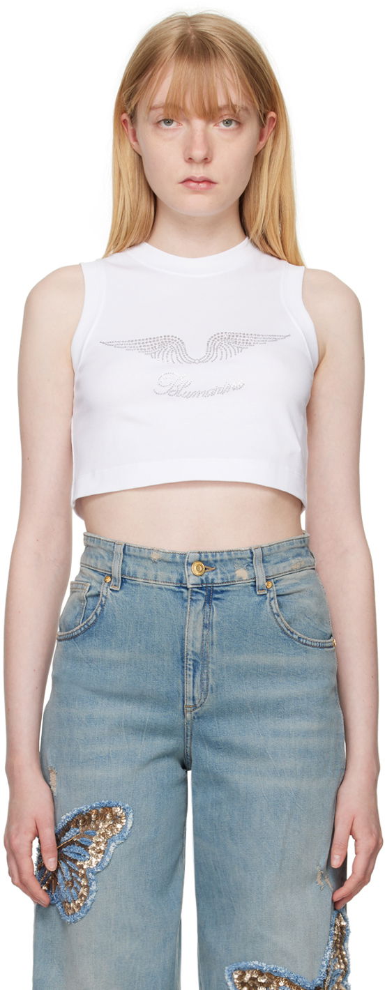 Majica bez rukava Blumarine White Crystal-Cut Tank Top Bijela | P444T037A