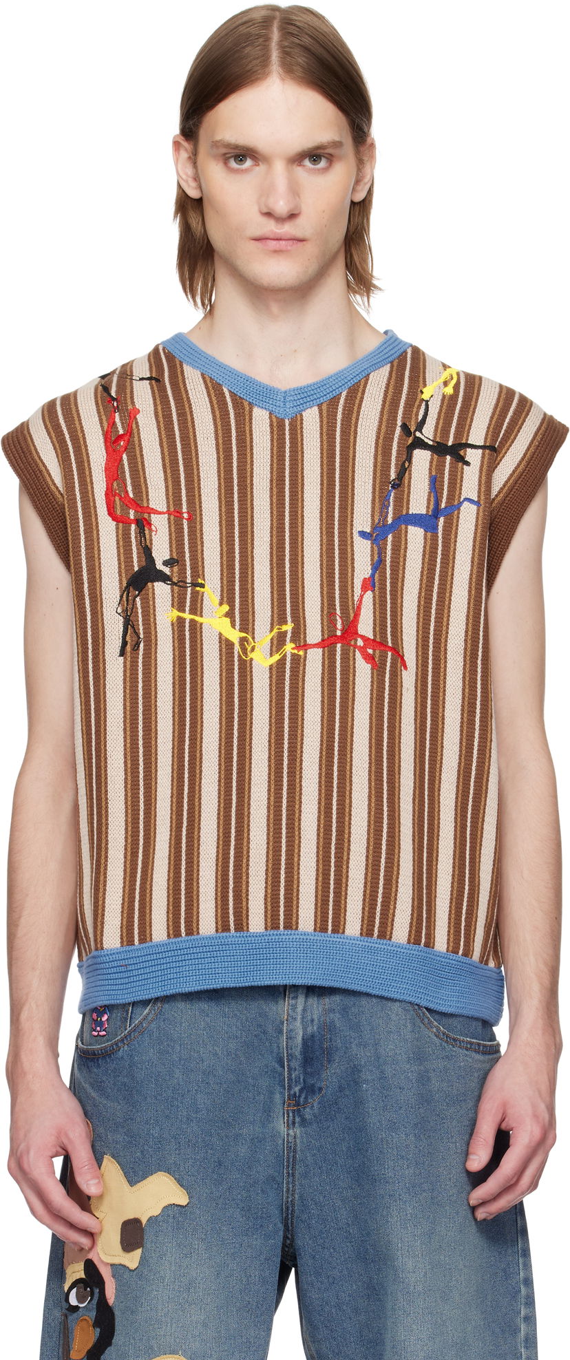 Džemper KidSuper KidSuper Embroidered Figures Knit Sweater Vest Smeđa | SS25-SW-09
