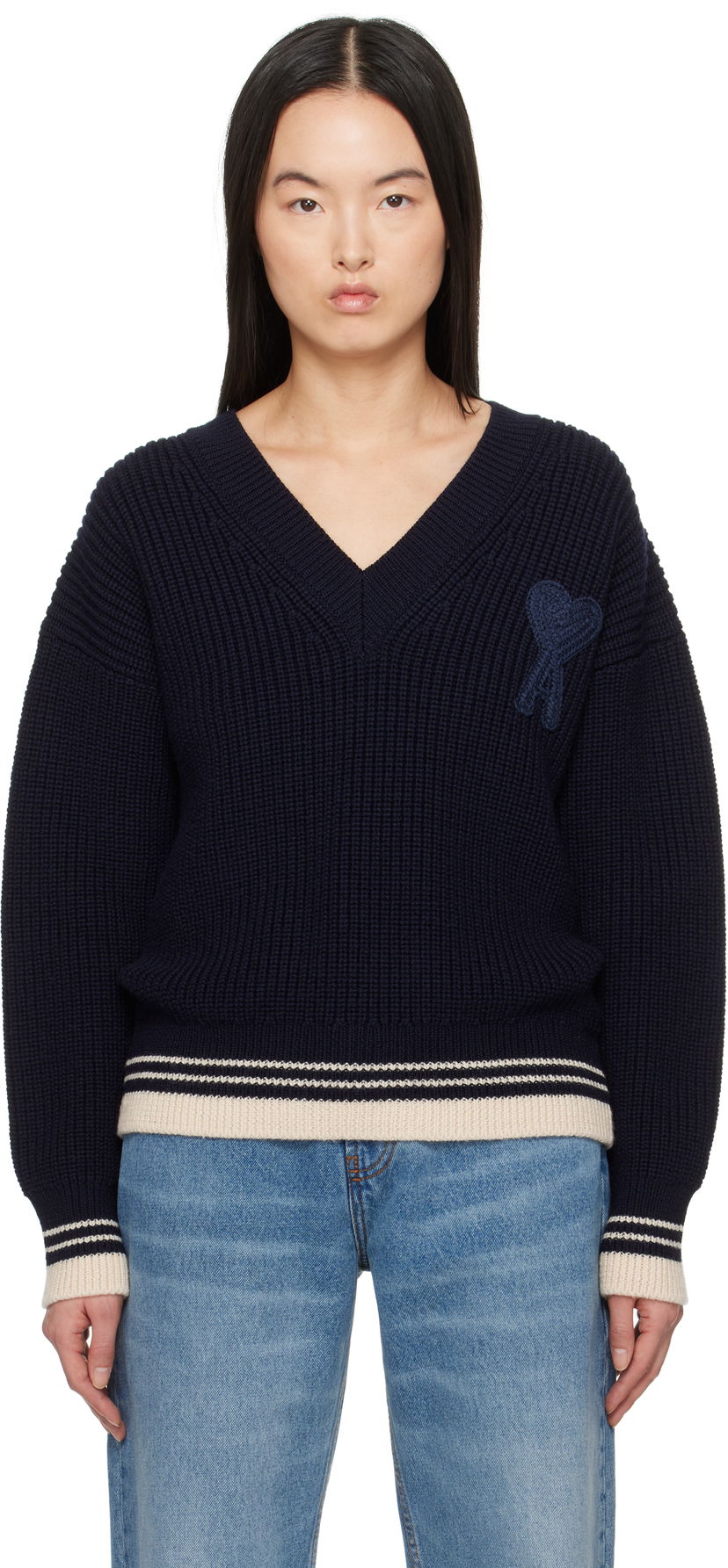 Džemper AMI AMI Paris Wool Ribbed V-Neck Sweater Tamnoplava | UKS268.KN0068
