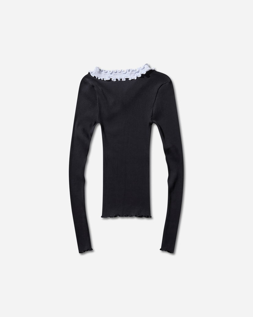 Košulja OpéraSPORT Evita Seamless Ribbed Ruffle-Trim Long-Sleeve Top Crna | W32AW24  4