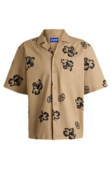 Košulja BOSS HUGO Relaxed-Fit Hibiscus-Print Stretch Cotton Shirt Bež | 50539135
