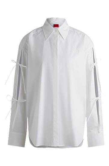 Košulja BOSS Oversized Cotton Blouse with Sleeve Bows Bijela | 50538440