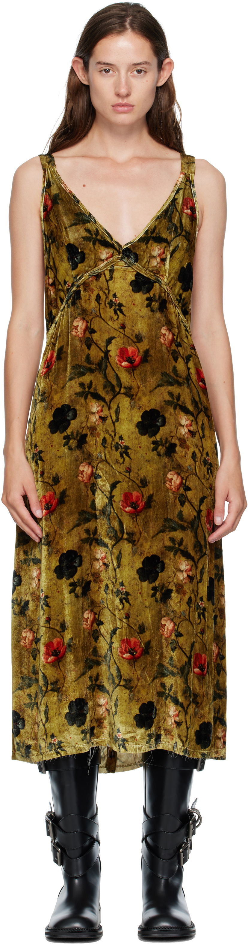 Haljina R13 R13 Grunge Floral-Print Velvet Slip Midi Dress Zelena | R13WR477-R595A