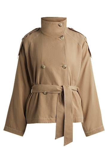 Trenčkot BOSS Belted Stand Collar Jacket with Contrast Stitching Bež | 50536642