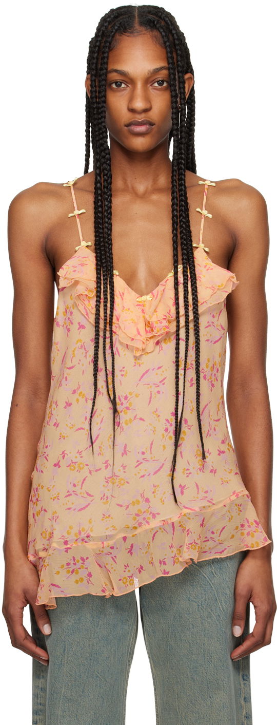 Majica bez rukava Anna Sui Floral Print Ruffled Asymmetrical Tank Top Narančasta | 324C20