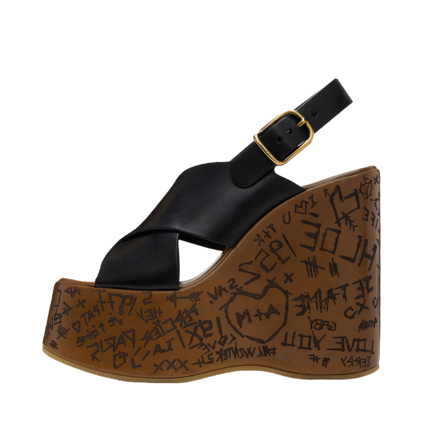 Tenisice i cipele CHLOÉ Maxime Graffiti Print Wedge Sandals Crna | CHC24A02YLU