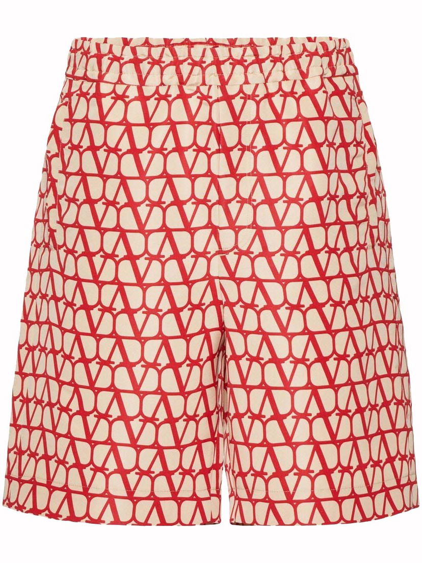 Kratke hlače Valentino Allover Logo Silk Bermuda Beige/Red Crvena | VRDK219D0