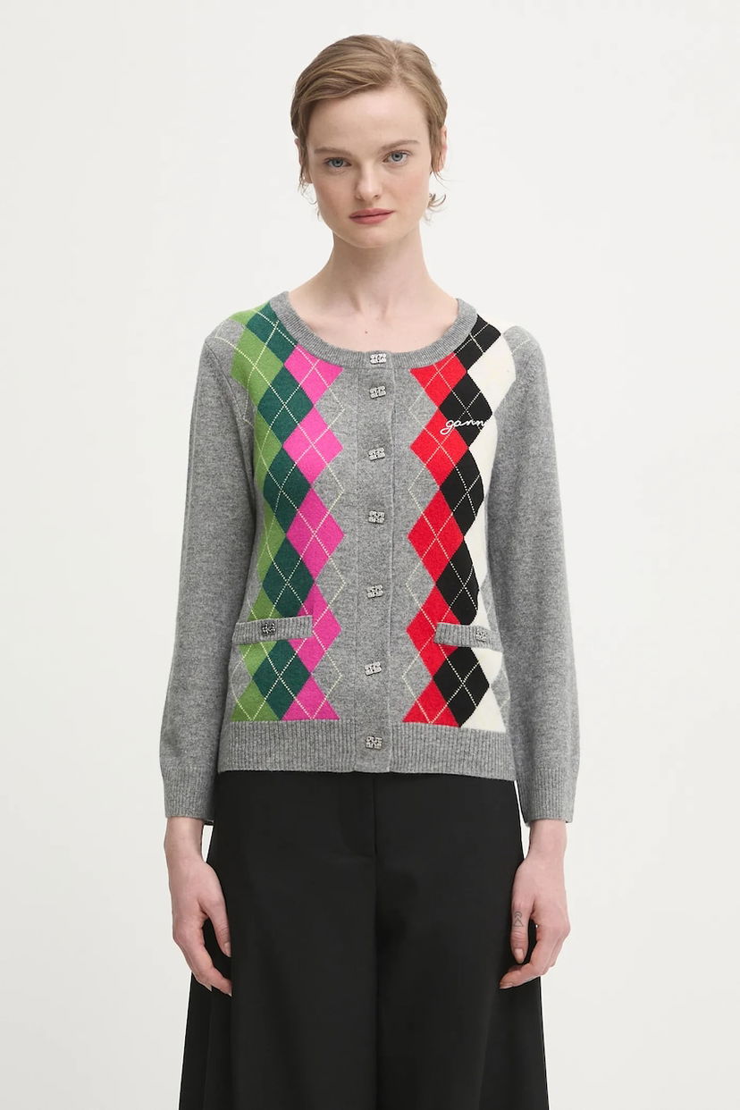 Džemper GANNI Multicolor Argyle Cashmere Wool Mix Round Neck Cardigan Višebojno | K2512