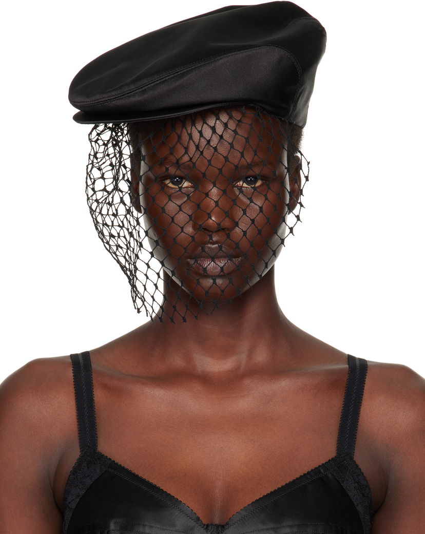 Beretka Dolce & Gabbana Silk Satin Flat Cap with Veil Crna | FH664A GDCRR