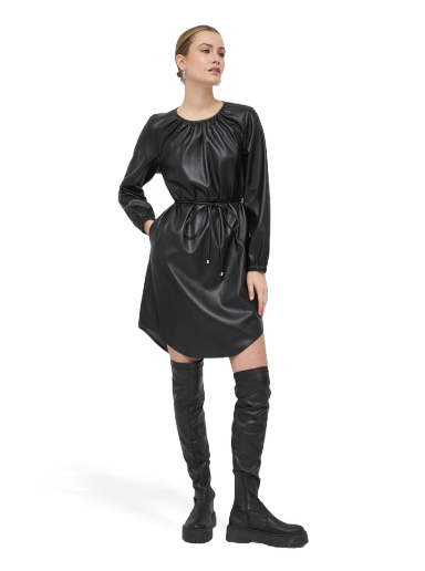 Haljina BOSS Faux-Leather Long-Sleeved Tie Belt Dress Crna | 50476826