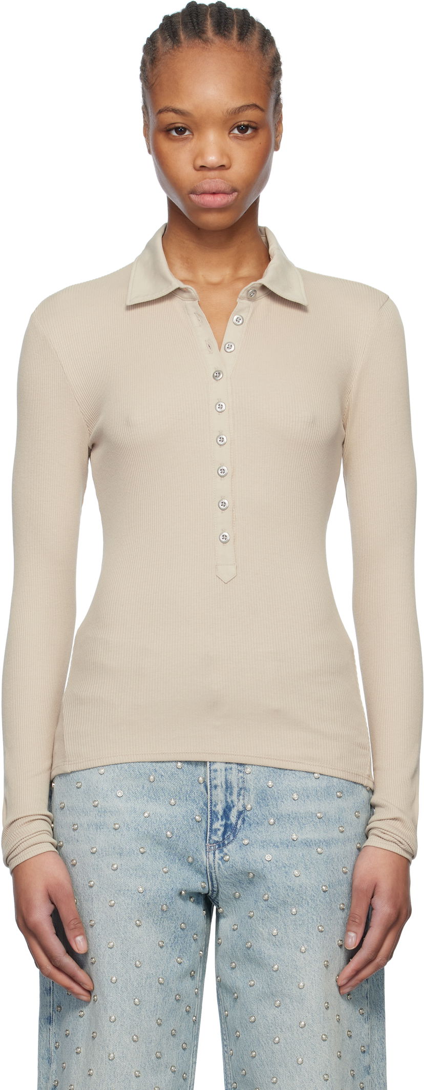 Polo majica rag & bone rag & bone Essential Rib Button Polo Bež | WCC24HP021CA21