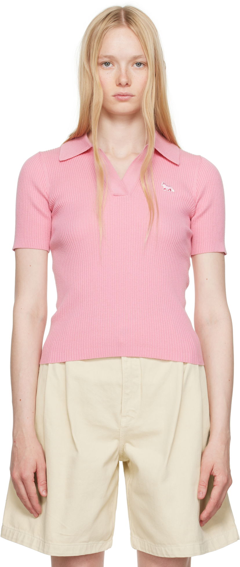 Polo majica MAISON KITSUNÉ Maison Kitsuné Baby Fox Patch Fine Ribbed Polo Ružičasta | OW00201KT1091