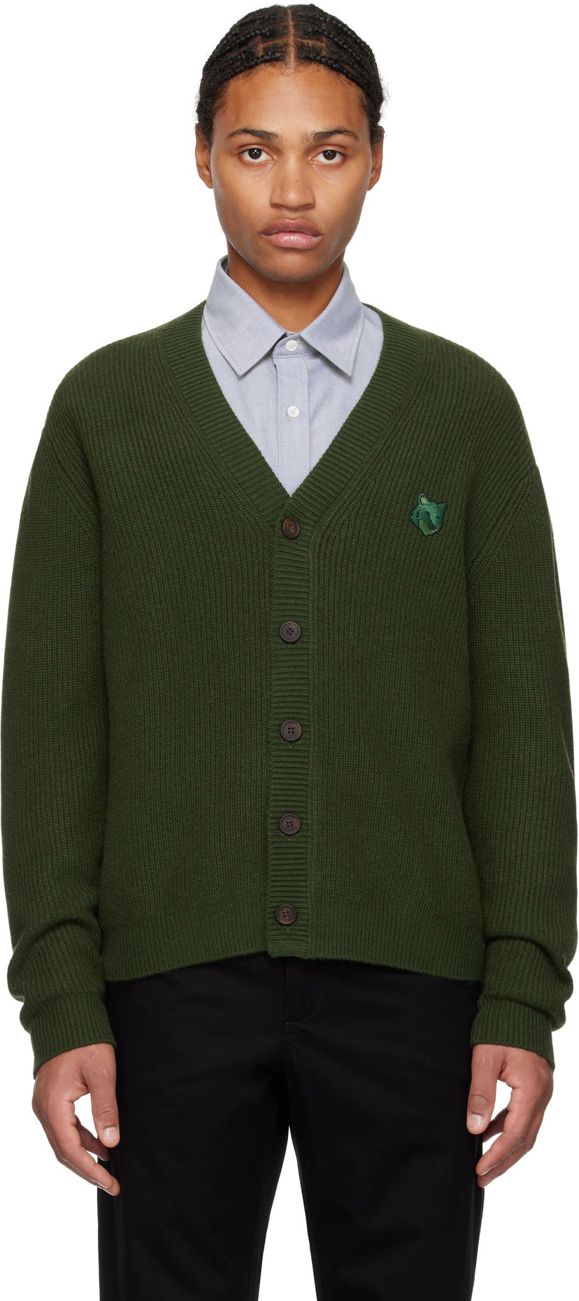 Džemper MAISON KITSUNÉ Ribbed Cardigan With Logo Patch Zelena | NM00501KT1093