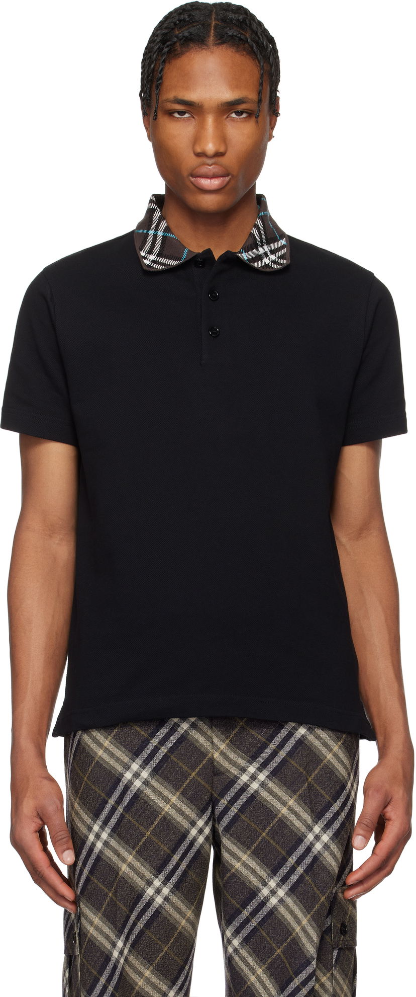 Polo majica Burberry Burberry Cotton Polo with Plaid Collar Crna | 8103865