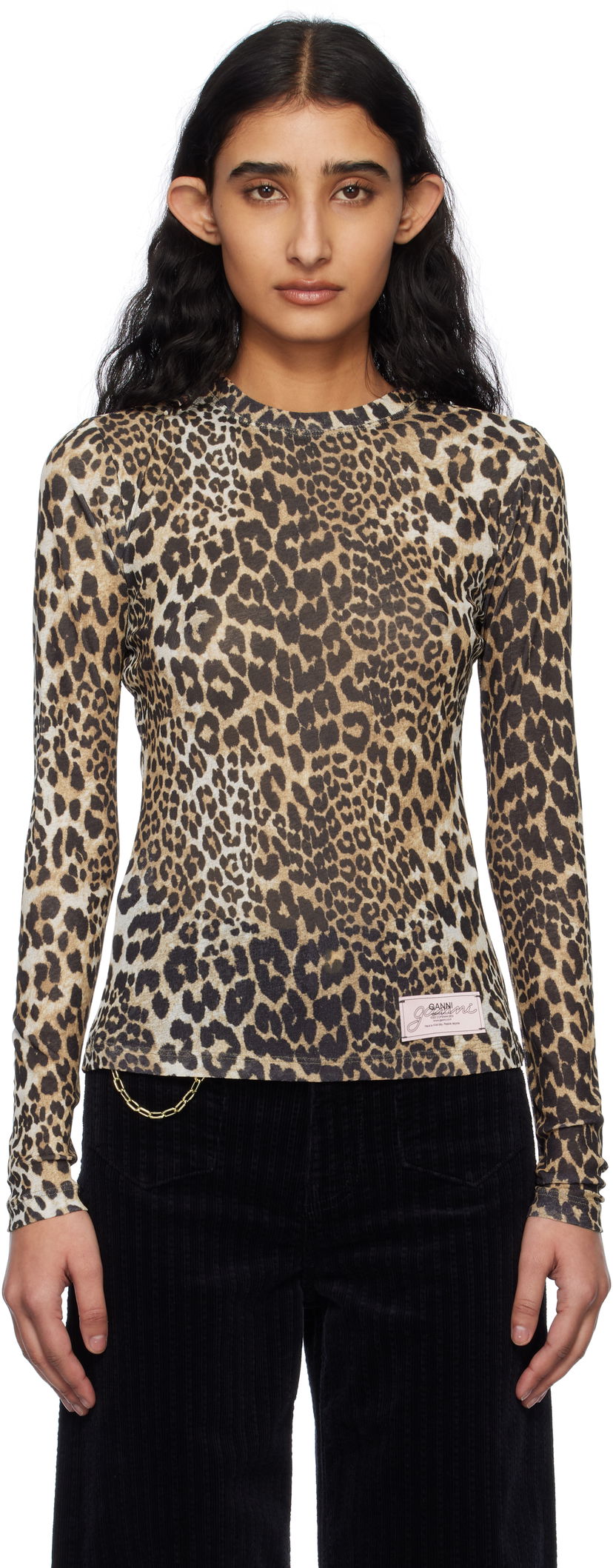 Majica kratkih rukava GANNI GANNI Leopard Print Long Sleeve T-Shirt Bež | T4208