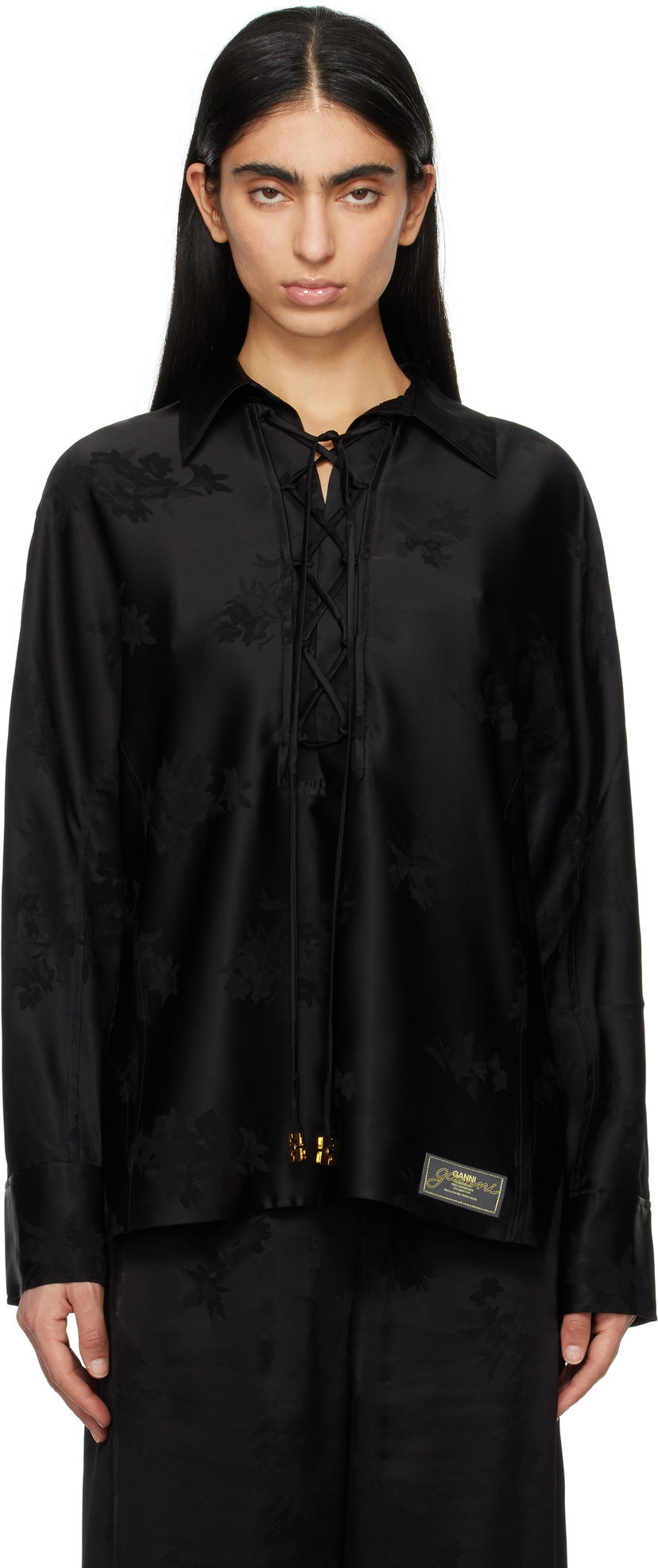 Košulja GANNI GANNI Satin Jacquard Tie-String Shirt Crna | W0359