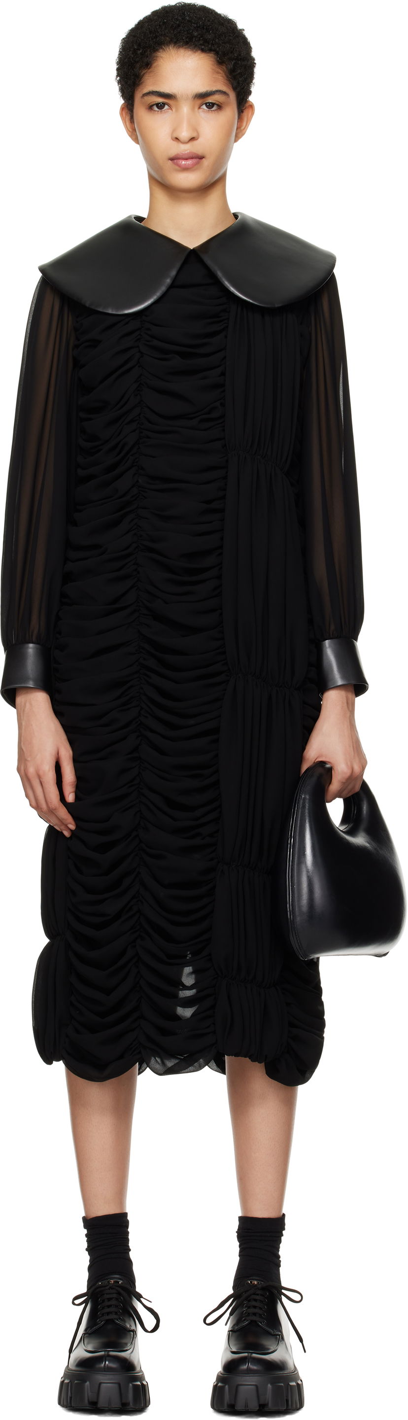Haljina Comme des Garçons Faux-Leather Collar Georgette Midi Dress Crna | GN-O008-051