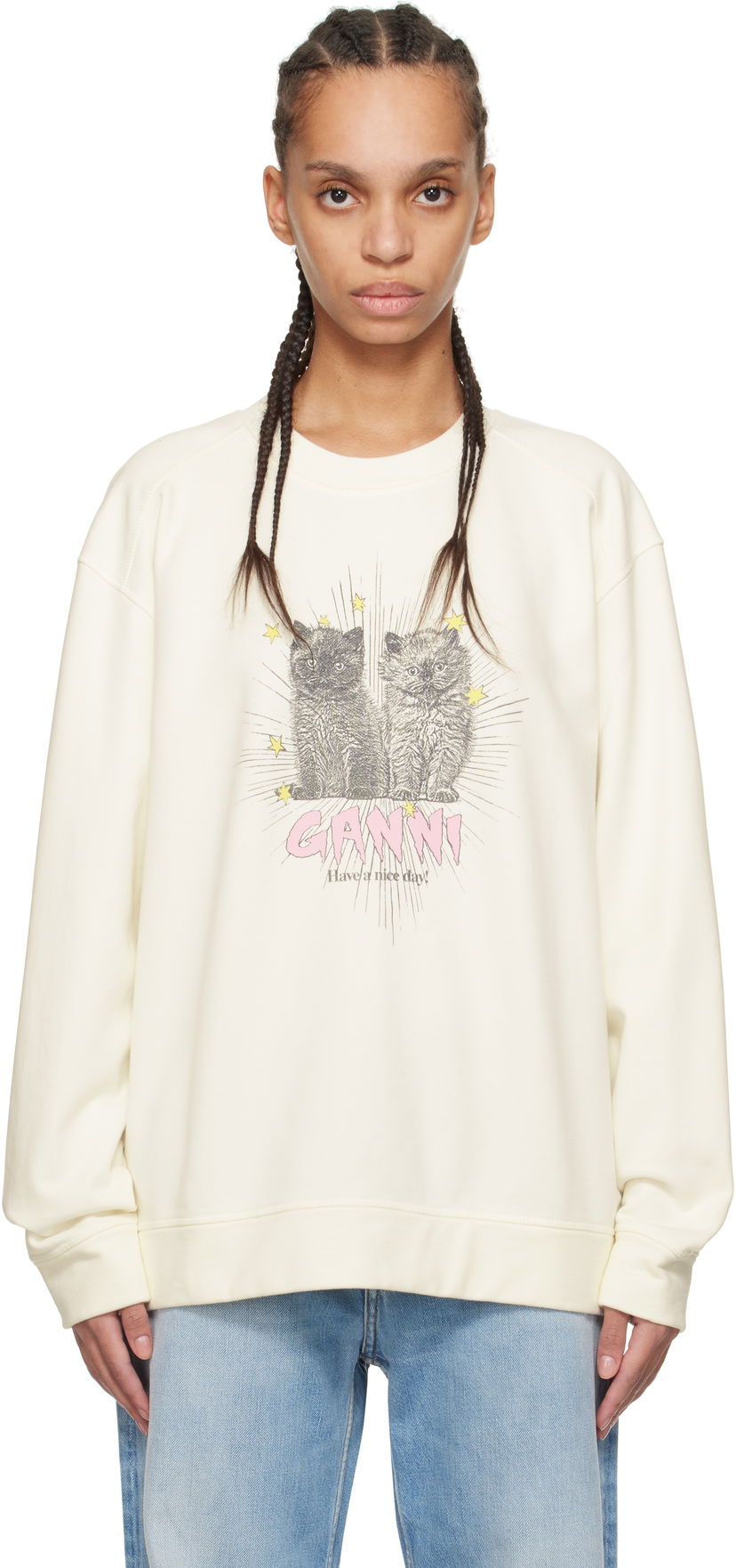 Dukserice GANNI GANNI Isoli Kittens Drop Shoulder Sweatshirt Bež | T4163