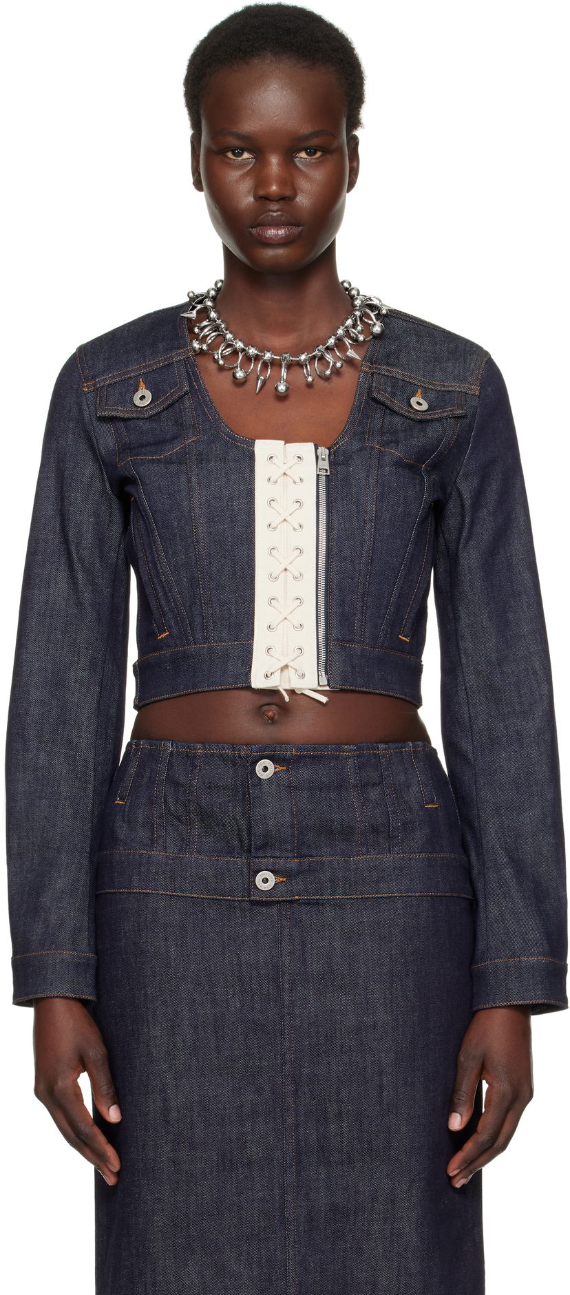 Jakna Jean Paul Gaultier Jean Paul Gaultier 'The Contrasting Lace-Up' Cropped Denim Jacket Plava | 25/33-F-VE085-D019-5568