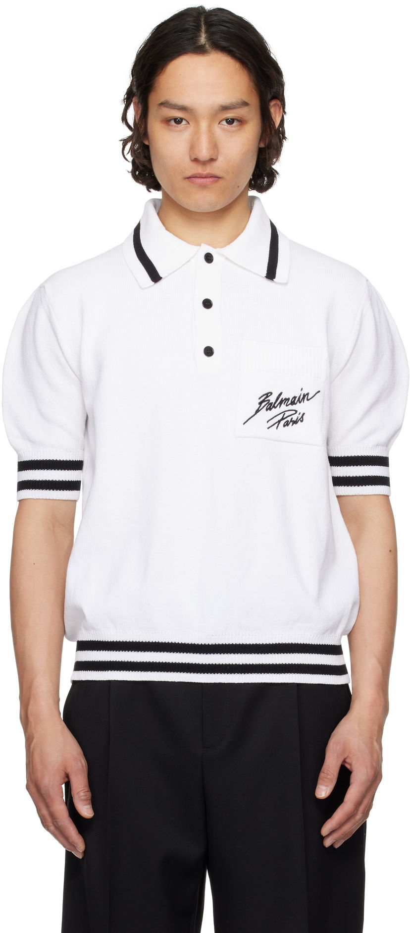 Polo majica Balmain Balmain Logo Knit Polo Bijela | EH0GB046KI49