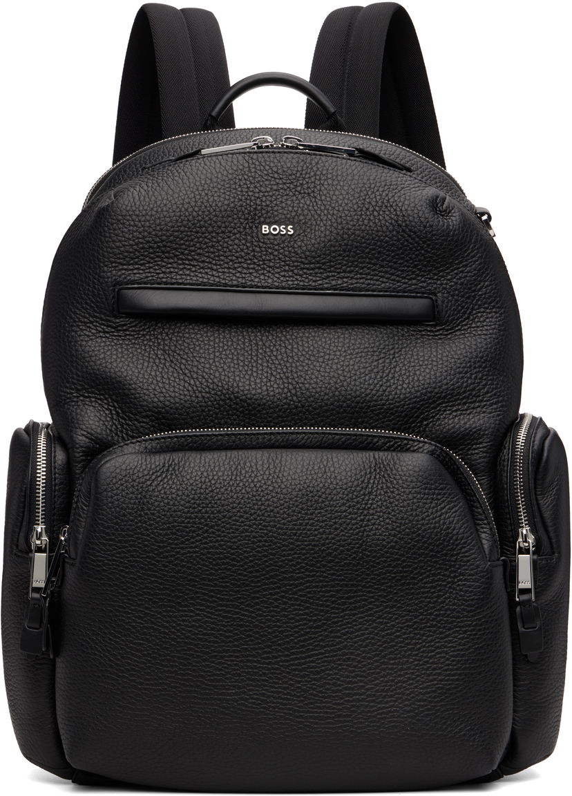 Ruksak BOSS BOSS Leather Backpack with Zipped Side Pockets Crna | 50552436