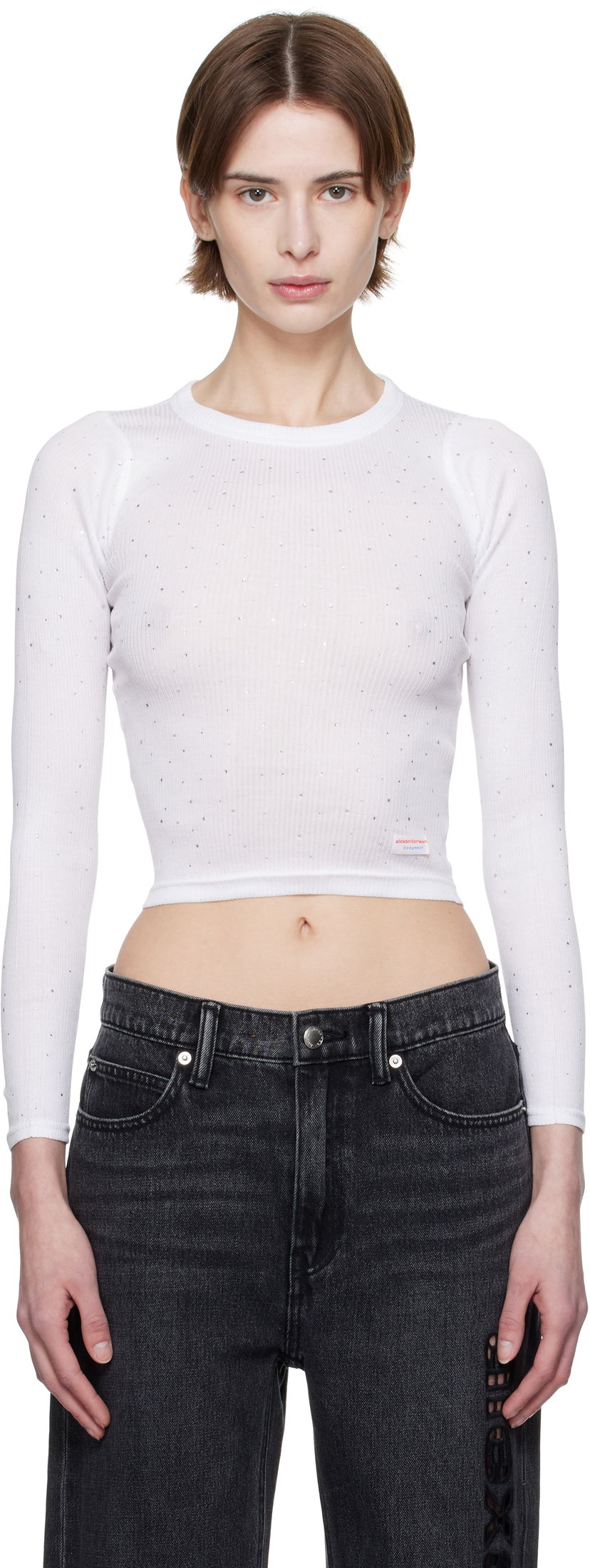 Crop top Alexander Wang Alexander Wang Crystal Long Sleeve T-Shirt Bijela | WL003AT