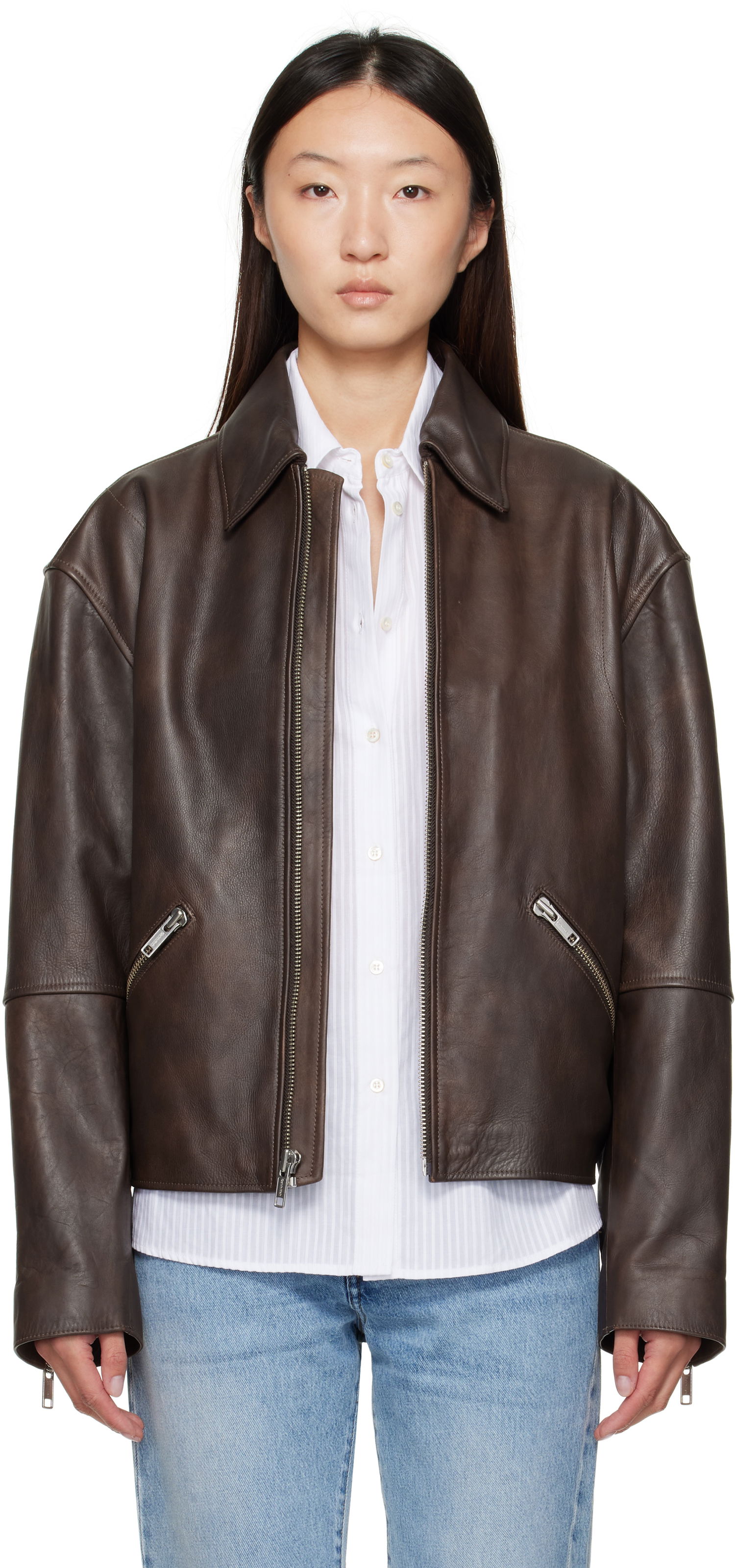 Jakna CALVIN KLEIN Calvin Klein Distressed Leather Biker Jacket Smeđa | 81B530G, 0