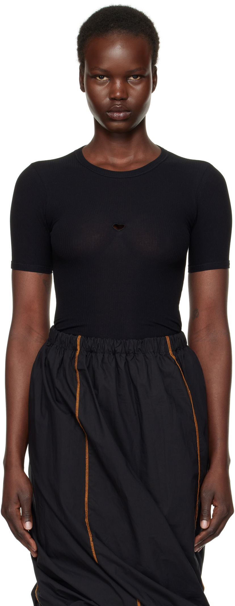 Majica kratkih rukava Baserange Heart Cutout Ribbed T-Shirt Crna | TOHS-RB-000