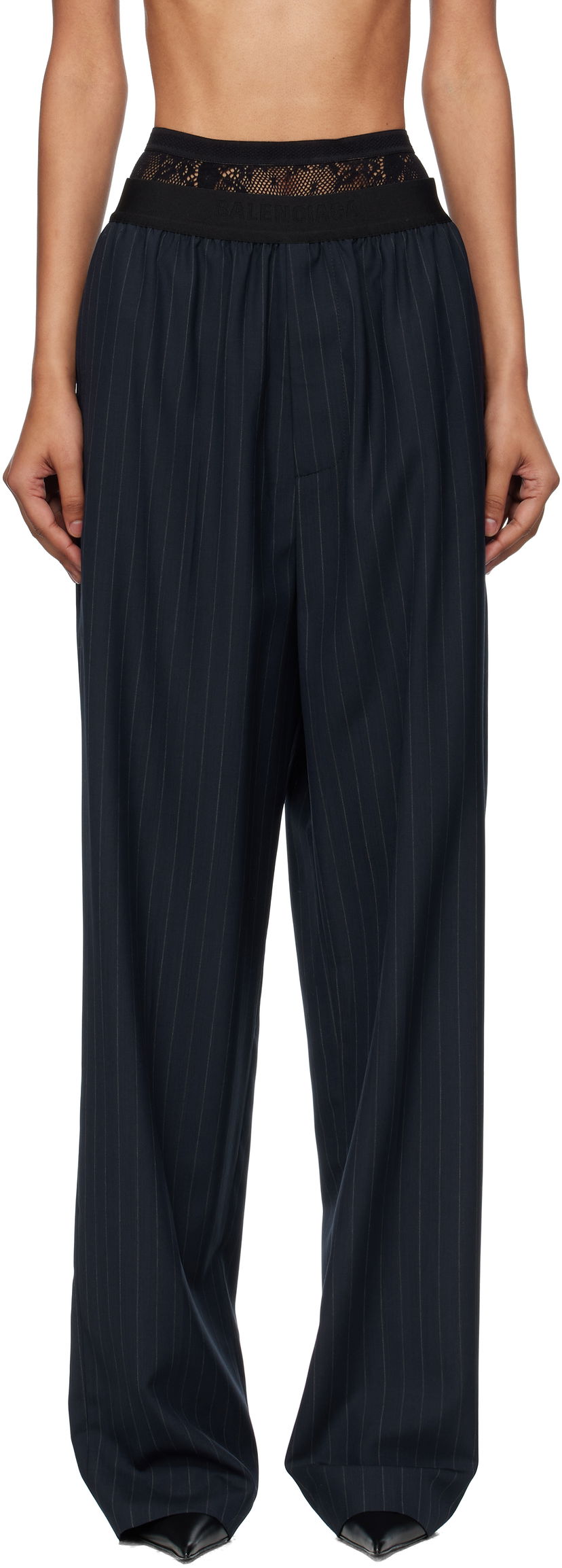 Hlače Balenciaga Balenciaga Pinstripe Elastic Trousers Tamnoplava | 790887TST24