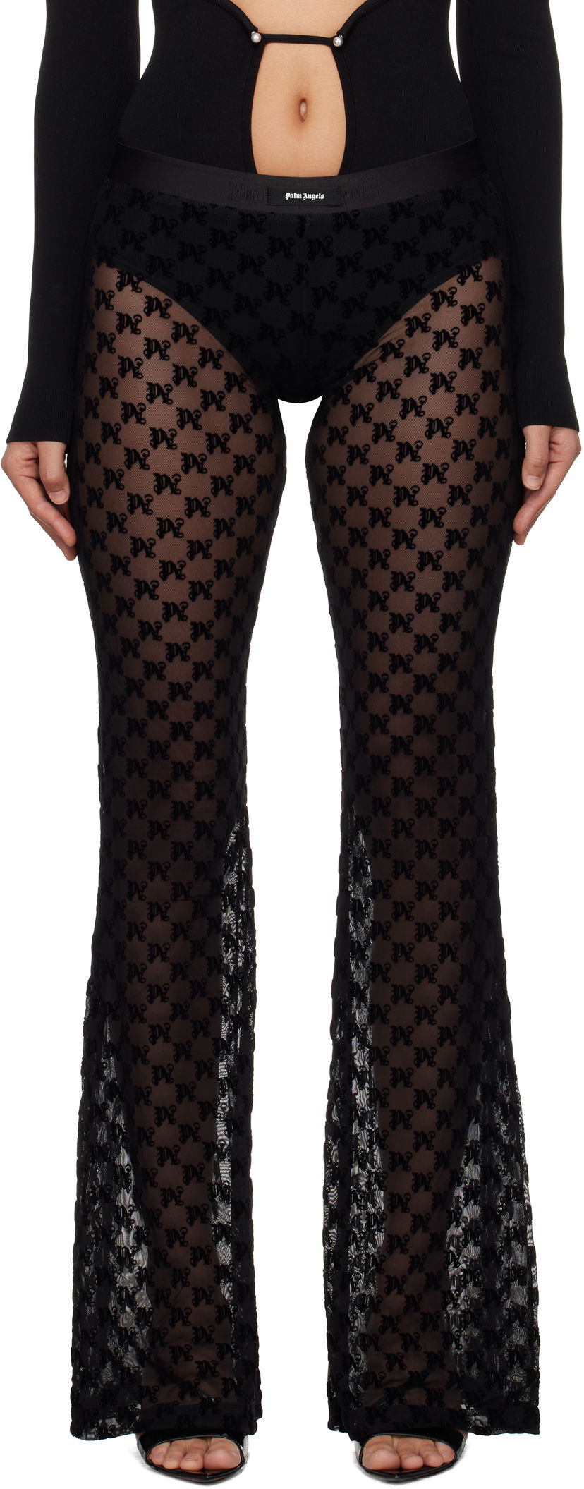 Hlače Palm Angels Monogram Tulle Trousers Crna | PWCA101F24FAB0011010