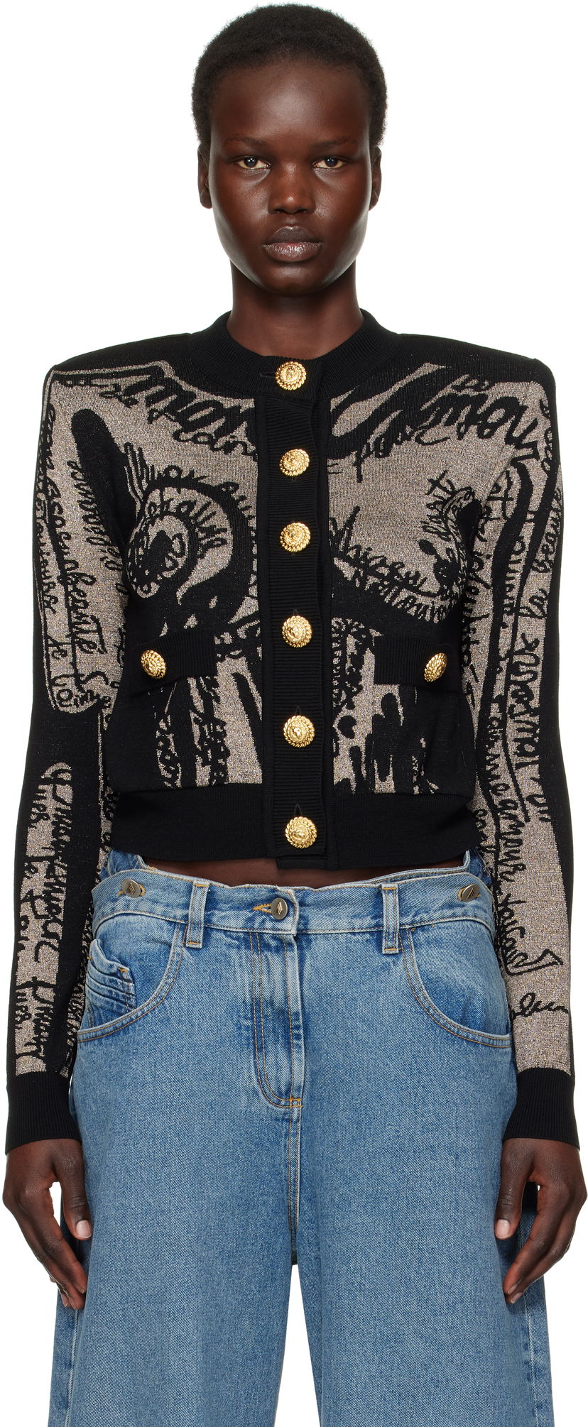 Džemper Balmain Balmain Jacquard Knit Cardigan with Body Motif Crna | EF1KL133KH93
