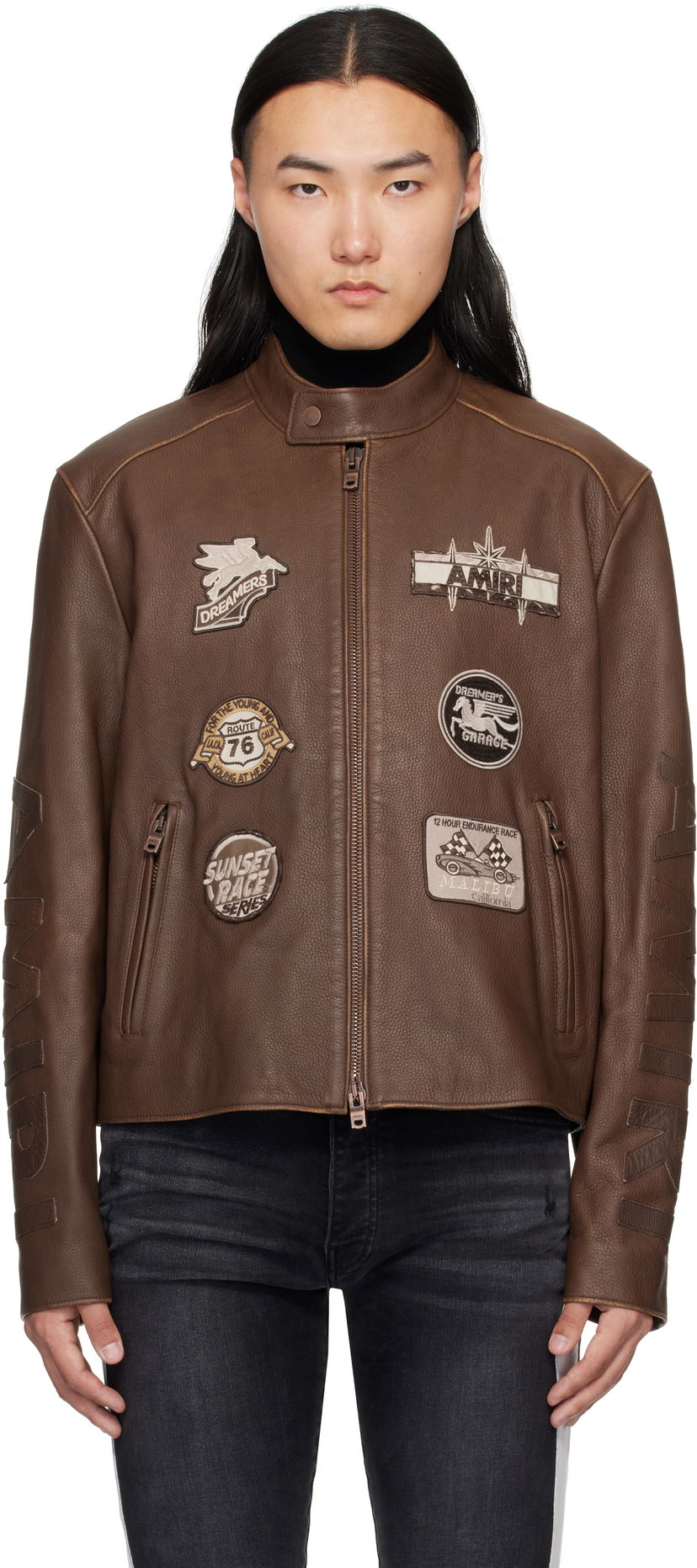 Bomber jakna AMIRI AMIRI Patch Racer Leather Jacket Smeđa | AMLTJT1021