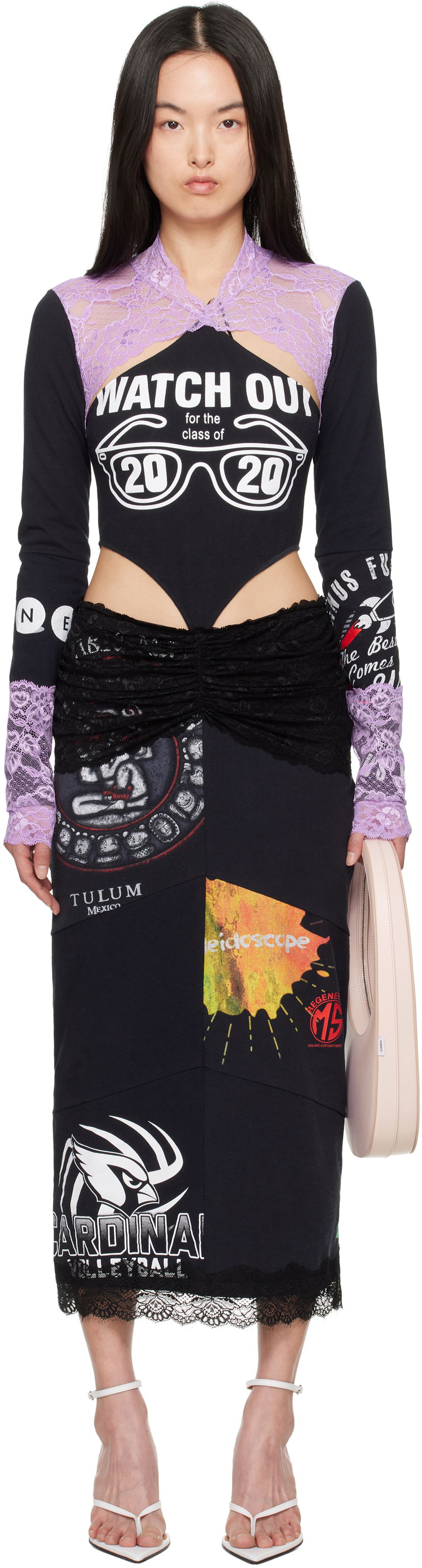 Haljina Marine Serre Marine Serre Regenerated T-Shirt & Lace Midi Dress Crna | WDR354A UJER0003