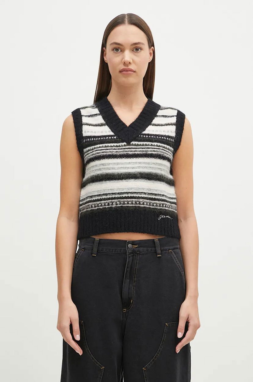 Džemper GANNI Wool Stripe Vest Crna | K2327