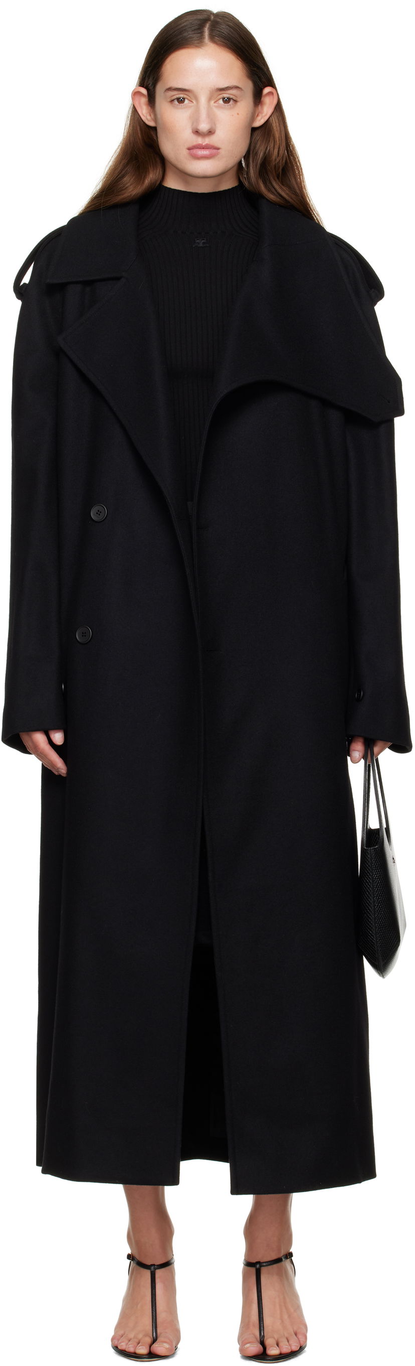 Trenčkot Courrèges Courrèges Oblique Wool Trench Coat Crna | 325CMA236WO0036