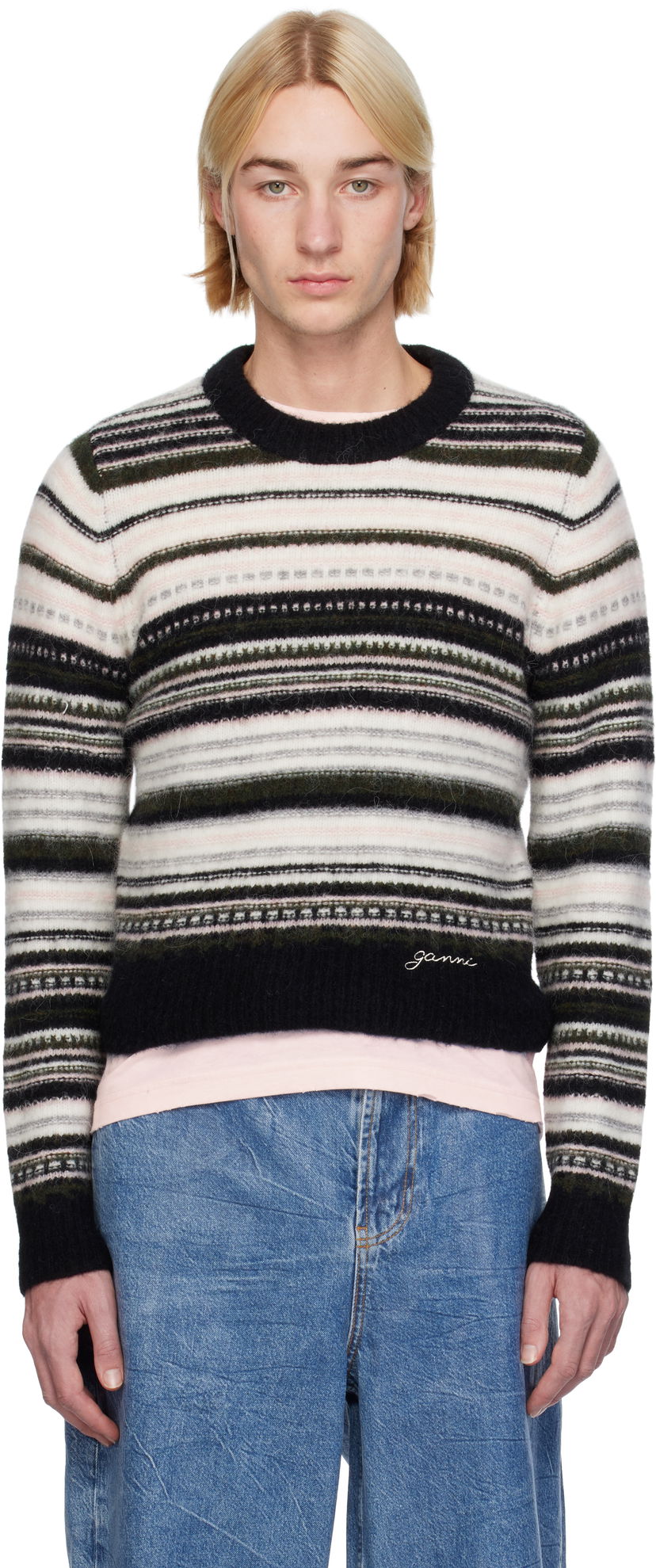 Džemper GANNI Striped Cropped Knit Sweater Crna | K2391