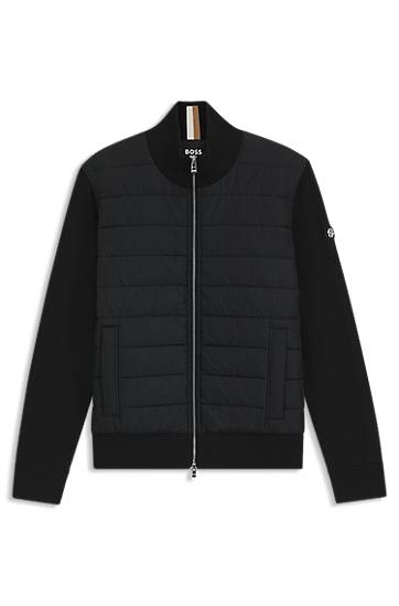 Bomber jakna BOSS Mixed-material jacket with padded front and knitted sleeves Crna | 50549991, 0