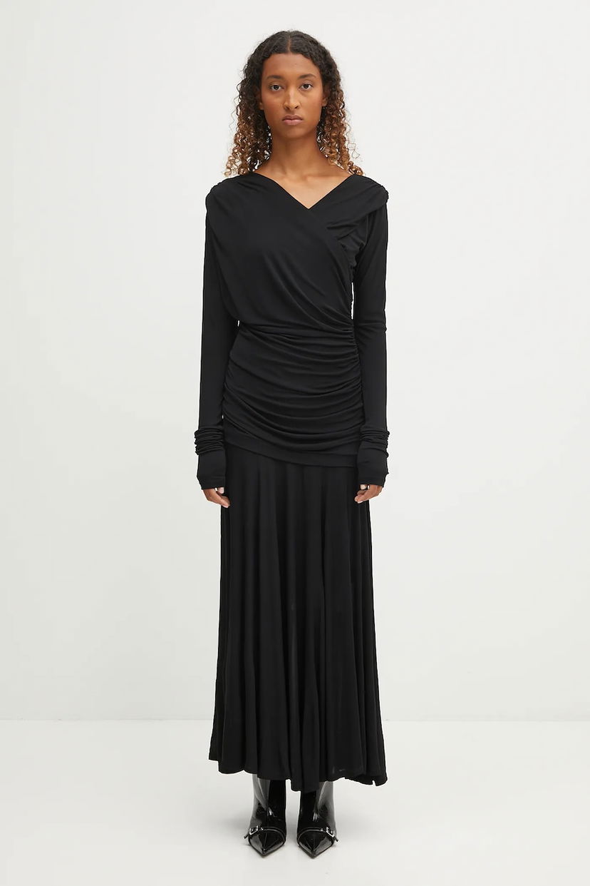 Haljina GANNI GANNI Interlock Jersey Crossover Ruched Maxi Dress Crna | T4213