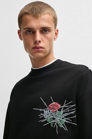 Džemper BOSS Relaxed-Fit Sweatshirt with Rose Graphic Crna | 50532094, 1