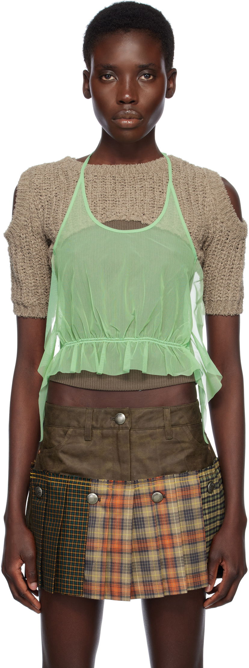 Suknja Andersson Bell Andersson Bell Cut-Out Knit Top and Plaid Mini Skirt Set Zelena | atb1315w
