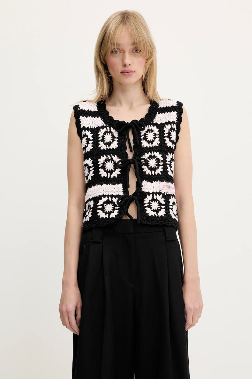 Prsluk GANNI GANNI Crochet Tie-Front Vest Crna | K2440