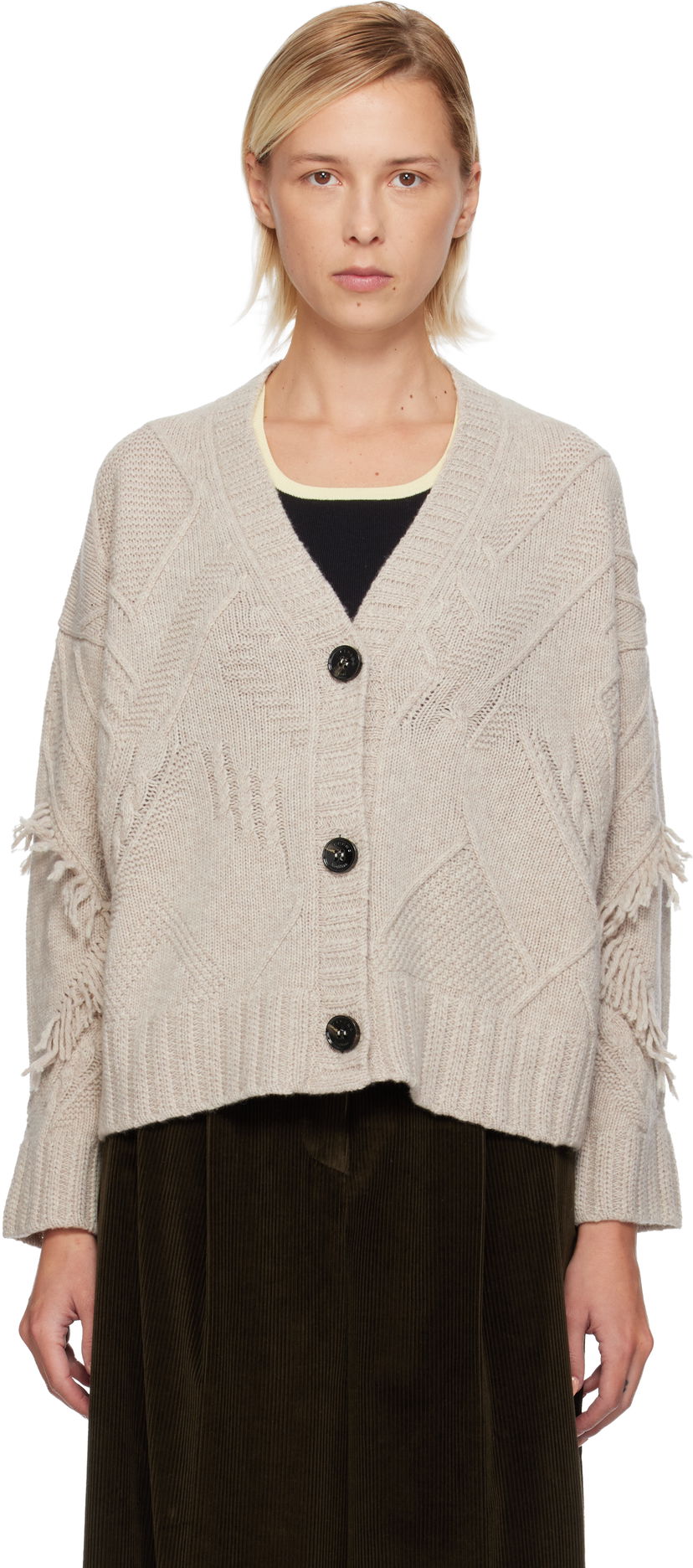 Džemper Max Mara Weekend Max Mara Stallo V-Neck Fringe Knit Cardigan Bež | 2525346052600