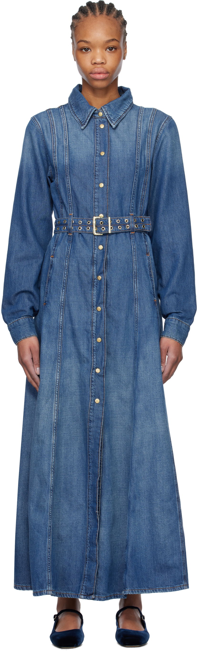Haljina GANNI GANNI Belted Denim Maxi Dress Plava | J1611