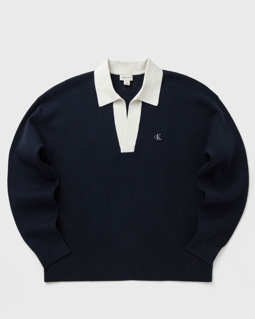 Polo majica CALVIN KLEIN Long Sleeve Solid Oversized Johnny Collar Knit Polo Shirt Tamnoplava | LV04RD303GCEF